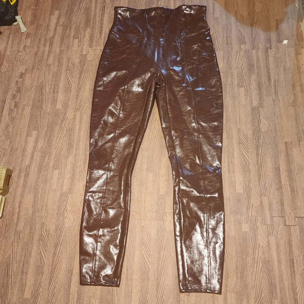 SPANX Ready to Wow Faux Leather Leggings Burgundy Shaping Power Waistband